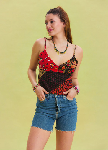 Patterned V-Neck Thin Straps Red Summer Blouse 4437